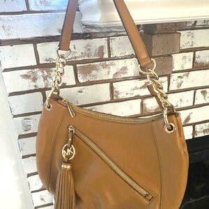 Michael Kors Cognac Leather Shoulder Bag with Tassel and Gold Hardware